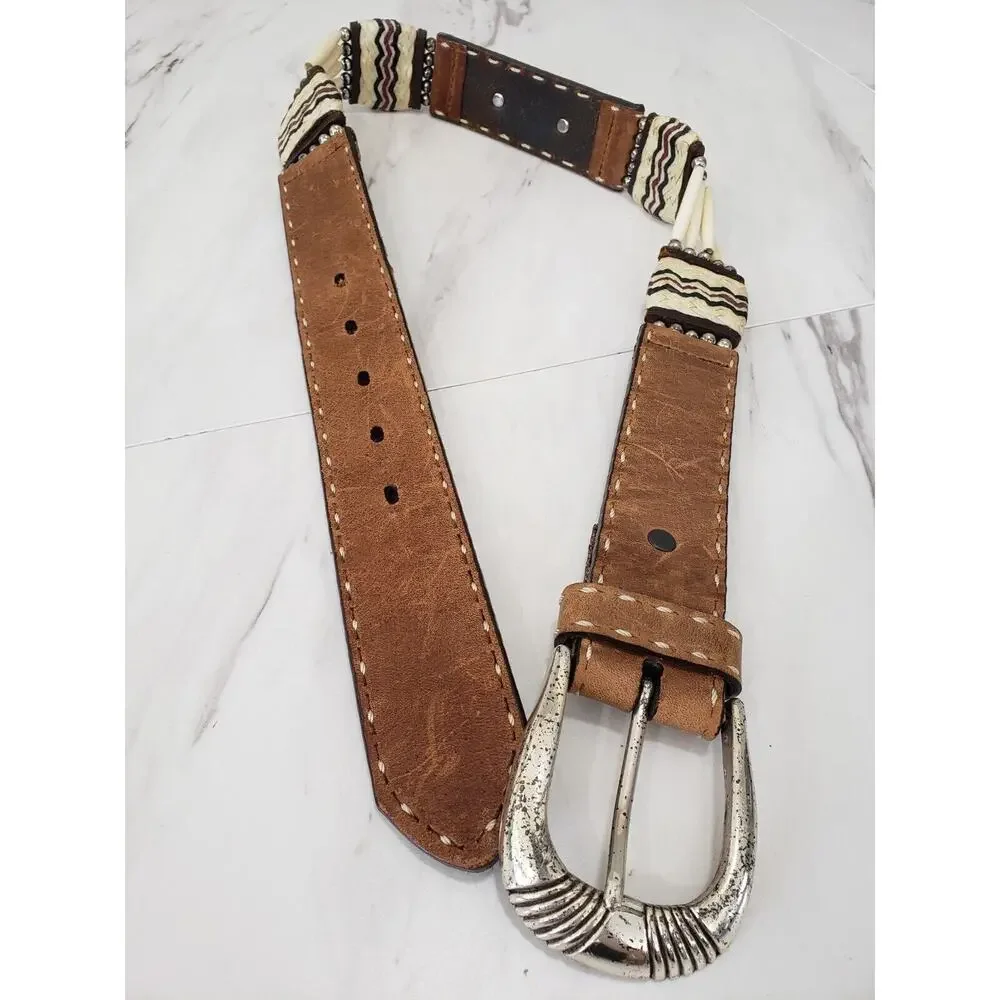 JUSTIN Belt 79207 Cowhide Western Bone‎ Silver Concho 90's Size 26” Vintage Boho